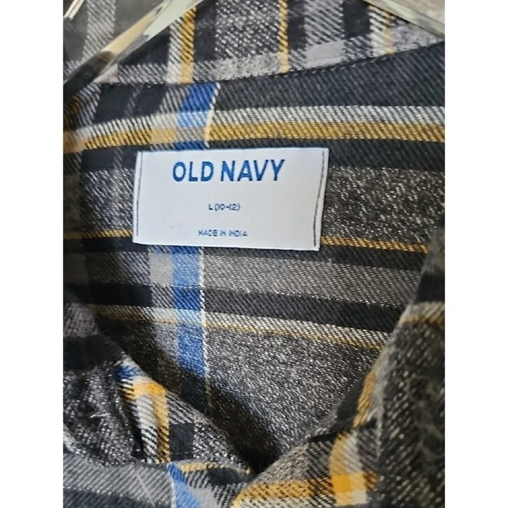 Old Navy Boys Large Plaid Flannel Button Down Shirt Gray Blue Yellow Cotton